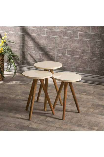 Nesting Table 3 Pcs Wooden Turned Leg Cream