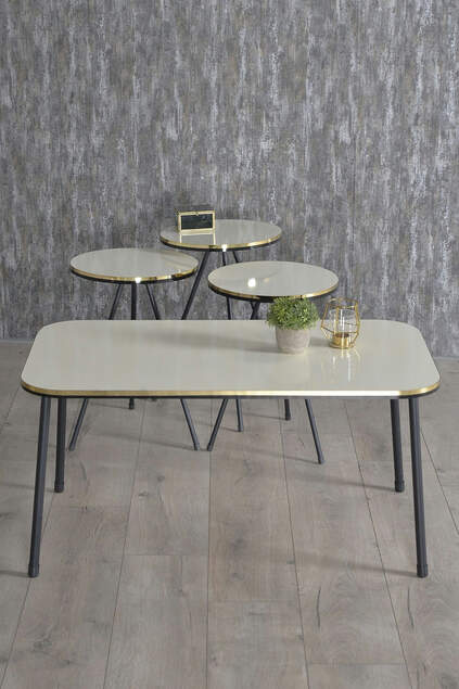 Black Metal Leg Double Gold Cream Nesting Table And Center Table Set