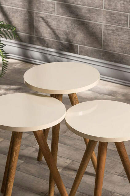 Nesting Table And Center Table Set Wood Lathe Ellipse Cream