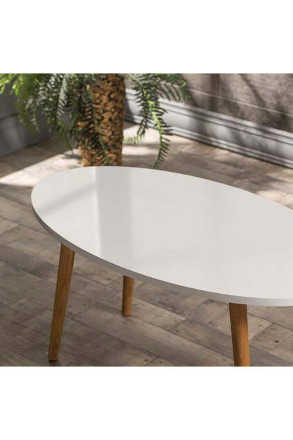 Center Table Wooden Turned Leg Ellipse White