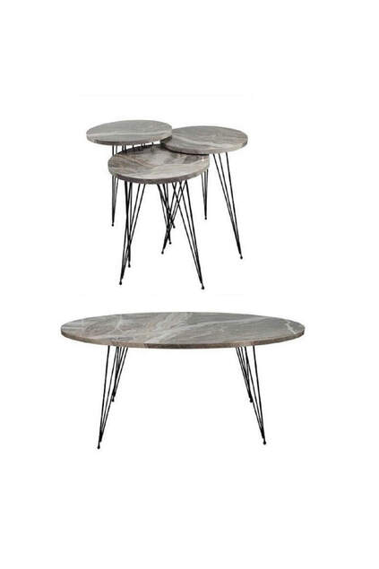 Big Set Wire Leg Gray Marble Pattern Ellipse Center Table And Nesting Table