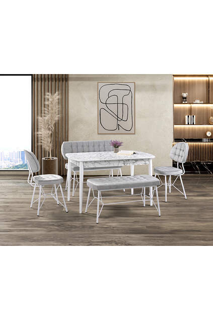 Vegas White Marble Table & Gozde White Bench Set HDR1274