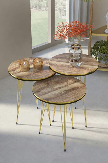 Nesting Table And Center Table Ellipse Set Double Gold Walnut Wire