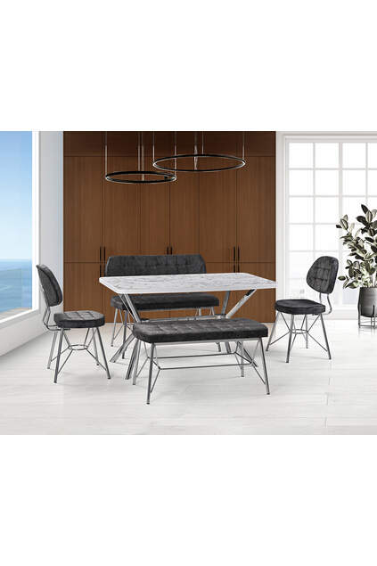 Gaye White Marble Table & Gozde Chrome Bench Set HDR1272