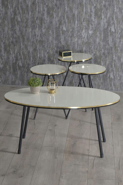 Nesting Table And Center Table Ellipse Set Black Wire Leg Gold White