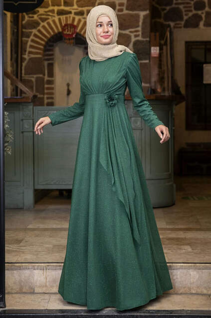 Mara Silvery Evening Dress Emerald