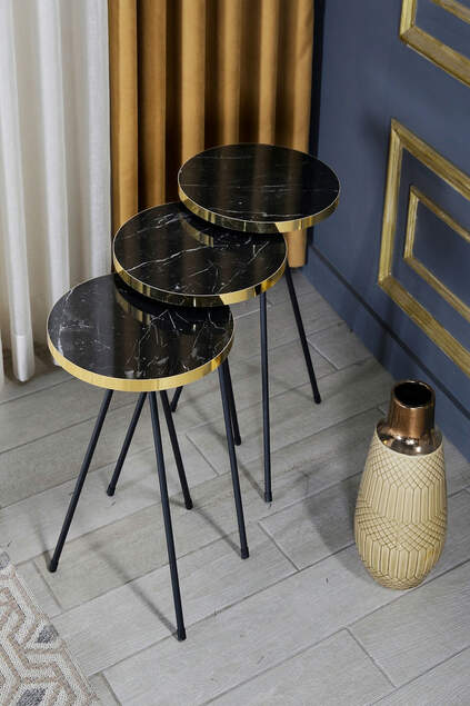 Nesting Table And Center Table Ellipse Black Metal Leg Gold Efes Set