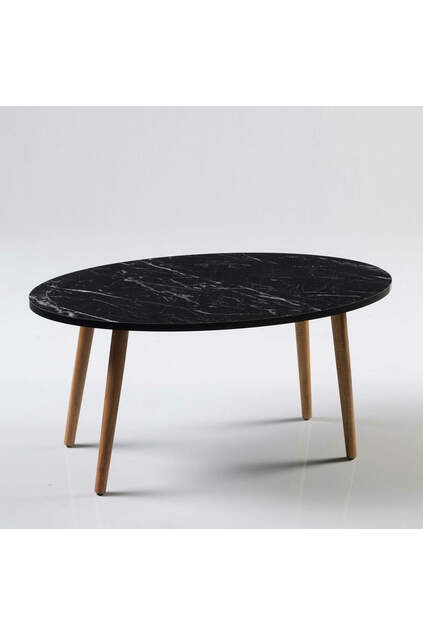 Center Table Wood Lathe Ellipse Black Marble Pattern