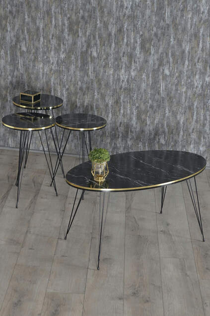 Nesting Table And Center Table Ellipse Set Black Wire Leg Double Gold White