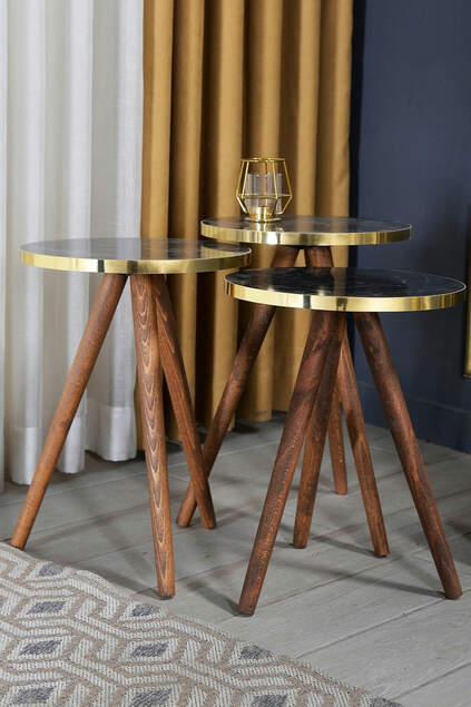 Nesting Table 3-Set Wooden Turned Leg Gold Bendir