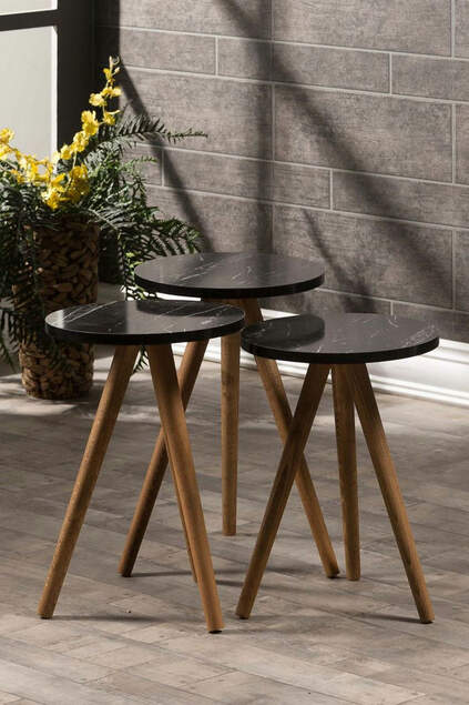 Satztisch und Mitteltisch aus Holz, Kr-Drehbank, schwarzes Marmormuster