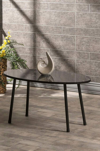 Nesting Table And Center Table Set Metal Ellipse Black Marble Pattern