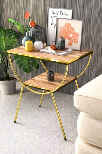 Side Table Nightstand Black-Gold Double Strip Metal Leg Gold Walnut