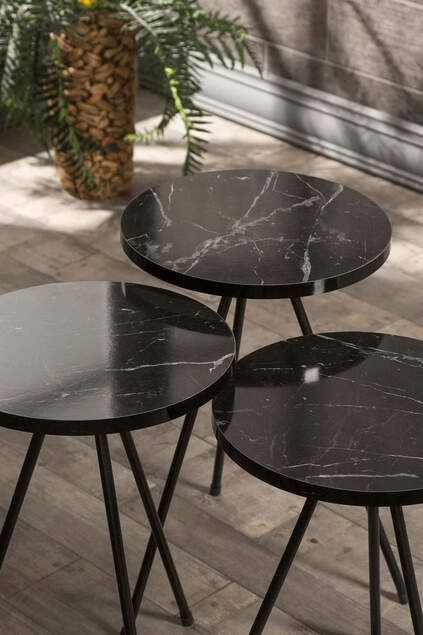 Nesting Table And Center Table Set Metal Ellipse Black Marble Pattern