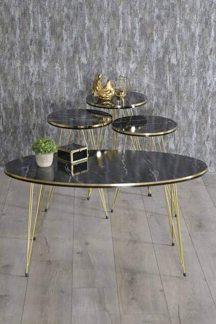 Nesting Table And Center Table Ellipse Black Metal Leg Gold Bendir Set