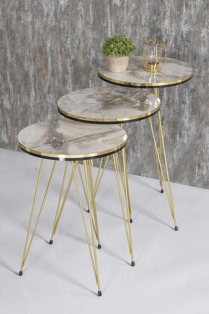 Nesting Table And Center Table Ellipse Set Double Gold Cream Wire Leg