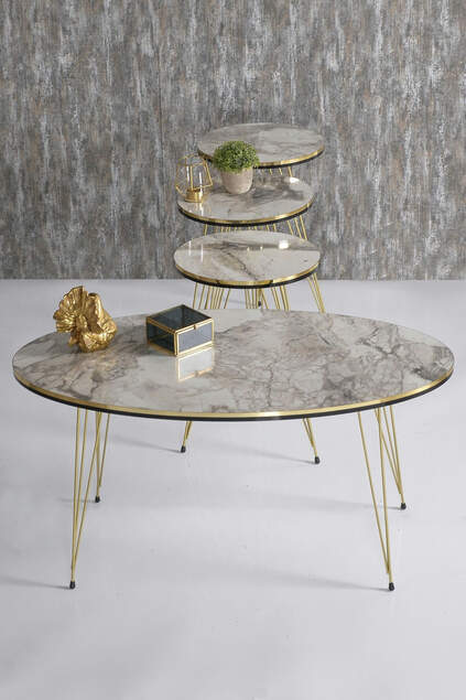 Nesting Table And Center Table Ellipse Set Double Gold Cream Wire Leg