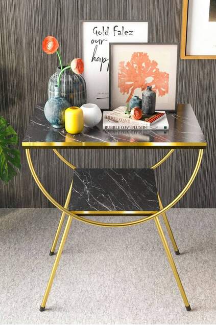 Side Table Nightstand Black-Gold Double Strip Metal Leg Gold Bendir