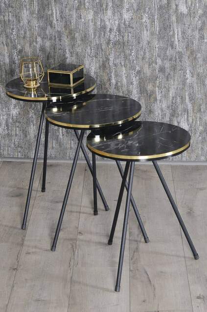 Satz- und Mitteltisch Ellipse-Set, schwarzes Metallbein, doppelter Goldbarren