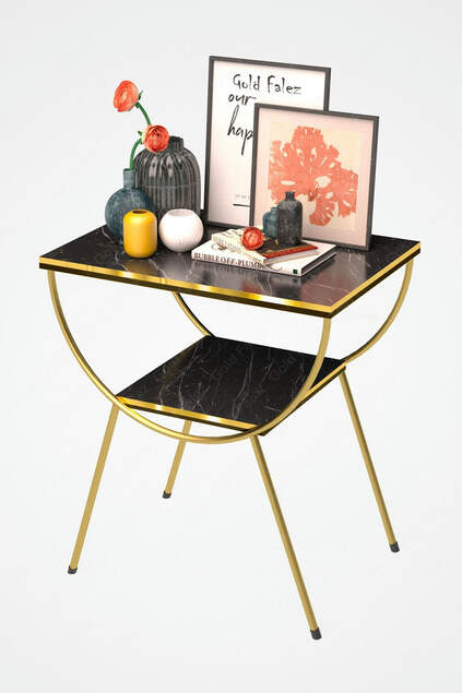 Side Table Nightstand Black-Gold Double Strip Metal Leg Gold Bendir