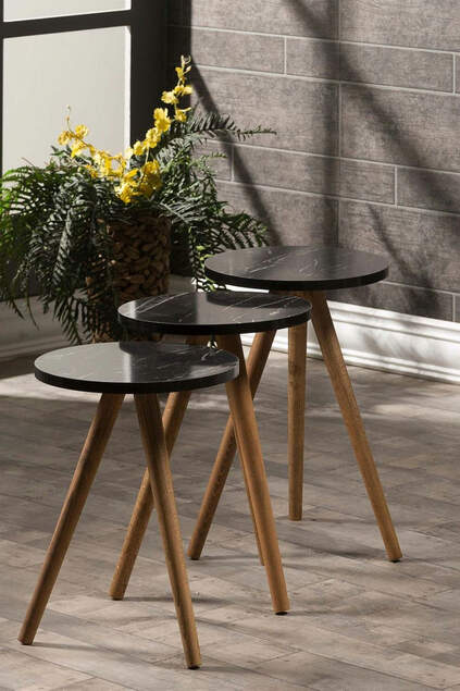 Satztisch und Mitteltisch aus Holz, Kr-Drehbank, schwarzes Marmormuster