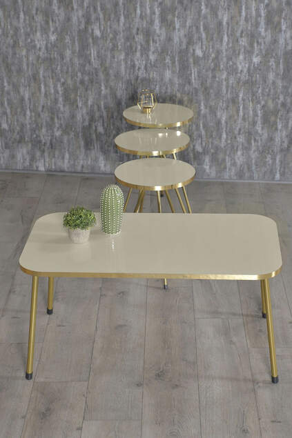 Zigon Sehpa Ve Orta Sehpa Kr Gold Metal Ayak Gold Krem Set