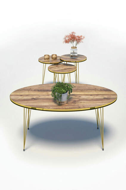 Nesting Table And Center Table Ellipse Set Double Gold Walnut Wire