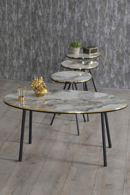 Nesting Table And Center Table Ellipse Set Black Metal Leg Double Gold Cream
