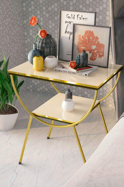 Side Table Nightstand Black-Gold Double Strip Metal Leg Gold Cream