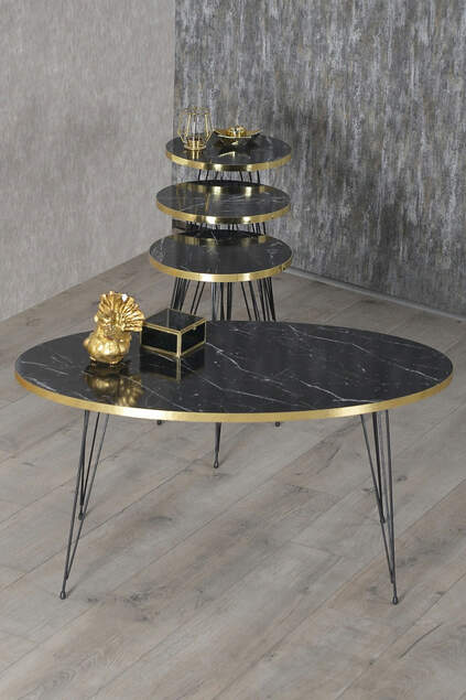 Nesting Table And Center Table Ellipse Set Black Metal Leg Double Gold Bar