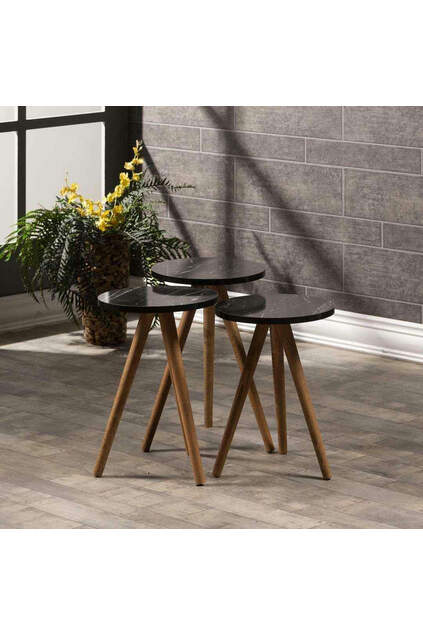 Nesting Table 3 Pcs Wooden Turned Leg Black Marble Pattern