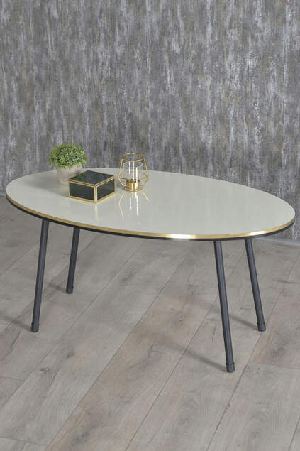 Nesting Table And Center Table Ellipse Set Black Wire Leg Gold White