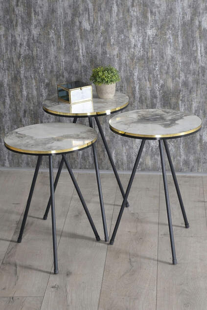 Nesting Table And Center Table Ellipse Set Black Metal Leg Double Gold Cream