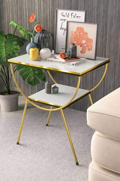 Side Table Nightstand Black-Gold Double Strip Metal Leg Gold White