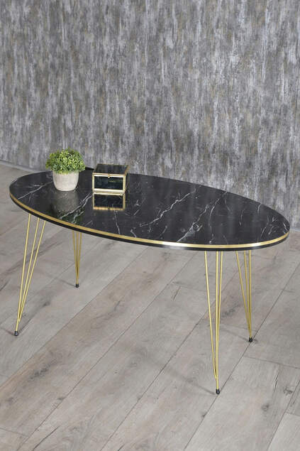 Nesting Table And Center Table Ellipse Black Metal Leg Gold Bendir Set