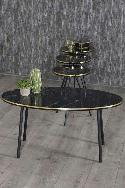 Nesting Table And Center Table Ellipse Set Black Metal Leg Double Gold Efes