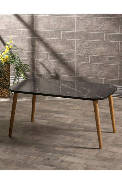 Satztisch und Mitteltisch aus Holz, Kr-Drehbank, schwarzes Marmormuster