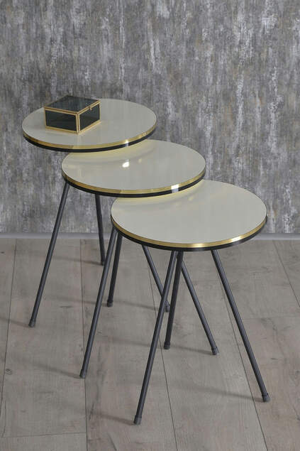 Nesting Table And Center Table Ellipse Set Black Wire Leg Gold White