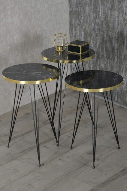 Nesting Table And Center Table Ellipse Set Black Metal Leg Double Gold Bar