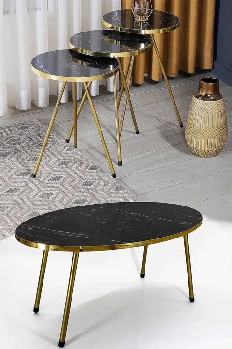 Oval Coffee & Nesting Table Set Gold Metal Legs - Gold Bendir