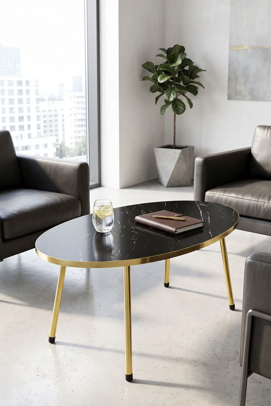 Oval Coffee & Nesting Table Set Gold Metal Legs - Gold Bendir