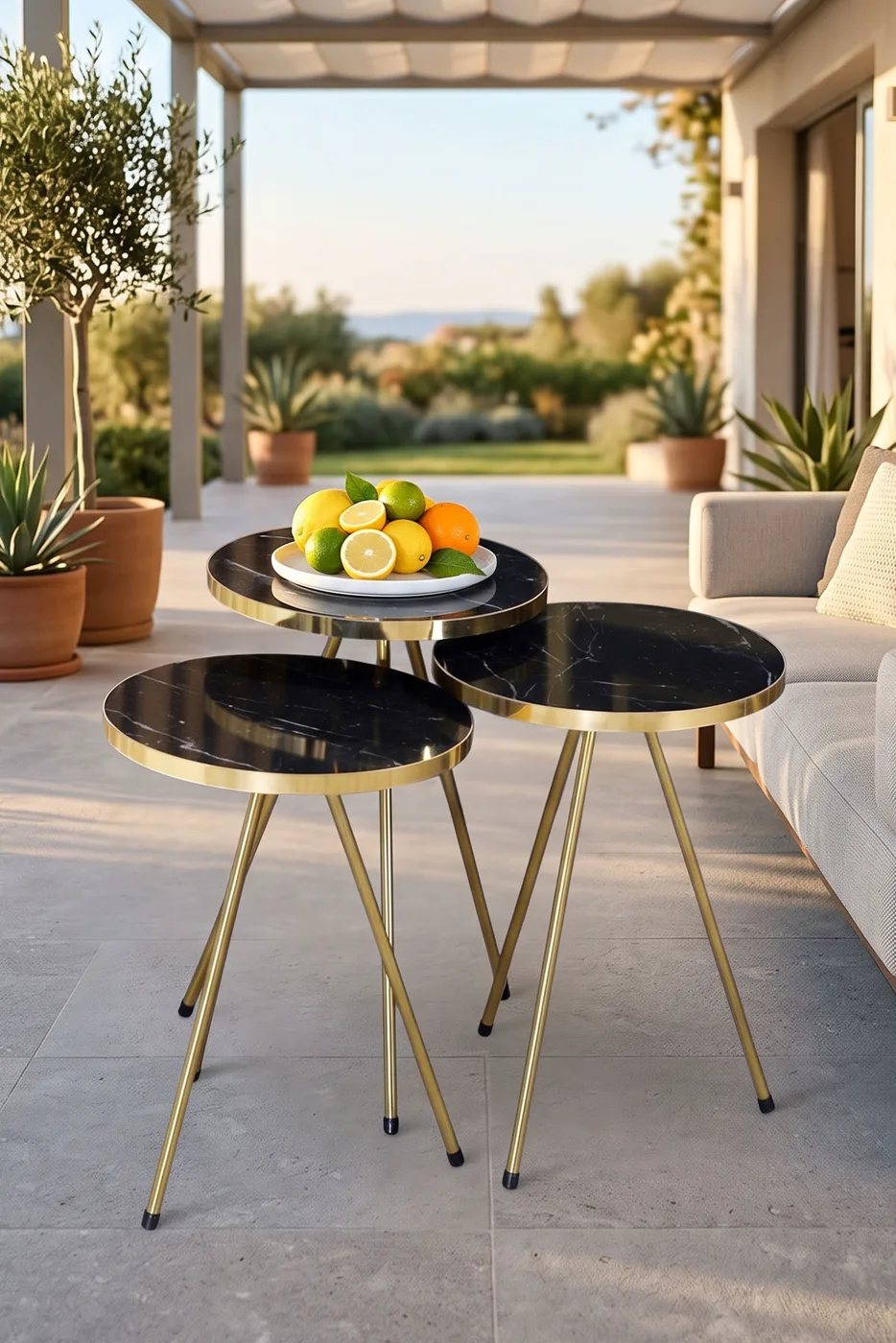 Oval Coffee & Nesting Table Set Gold Metal Legs - Gold Bendir