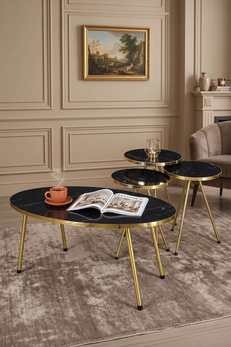 Oval Coffee & Nesting Table Set Gold Metal Legs - Gold Bendir