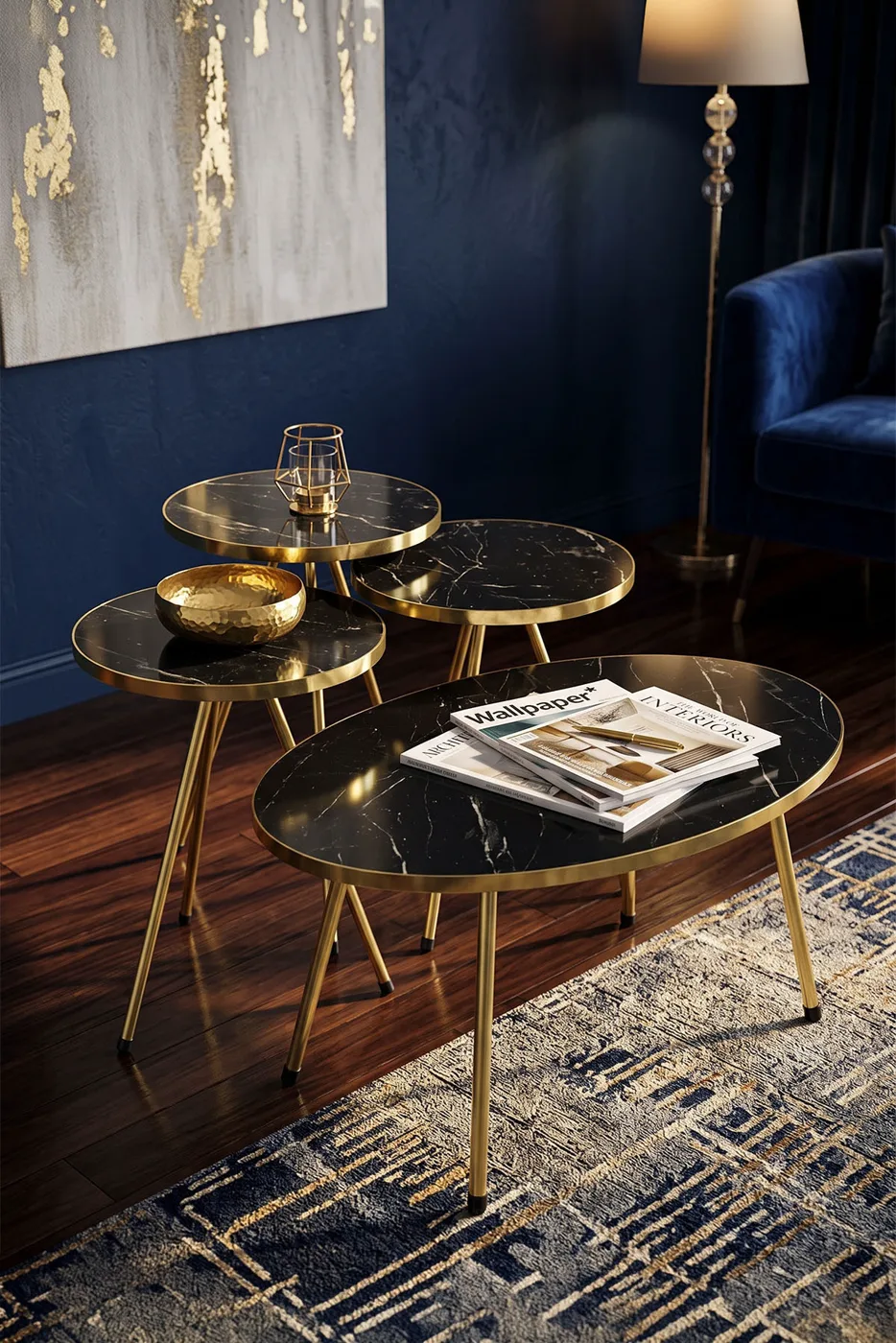 Oval Coffee & Nesting Table Set Gold Metal Legs - Gold Bendir