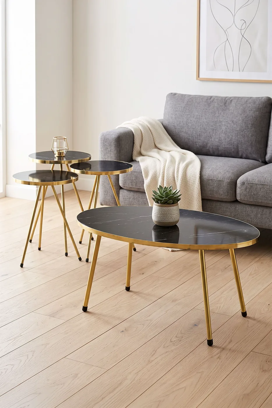 Oval Coffee & Nesting Table Set Gold Metal Legs - Gold Bendir