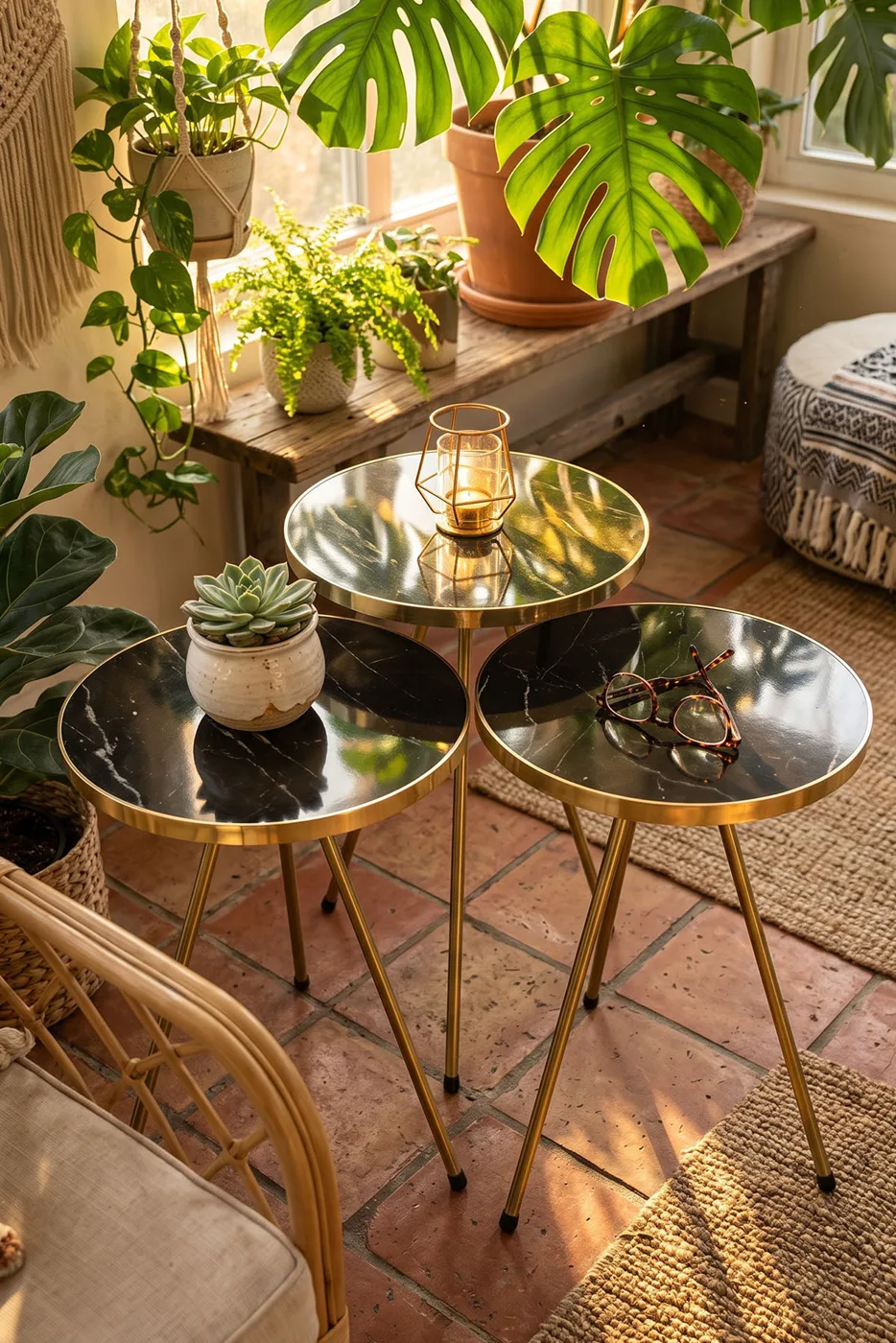 Oval Coffee & Nesting Table Set Gold Metal Legs - Gold Bendir