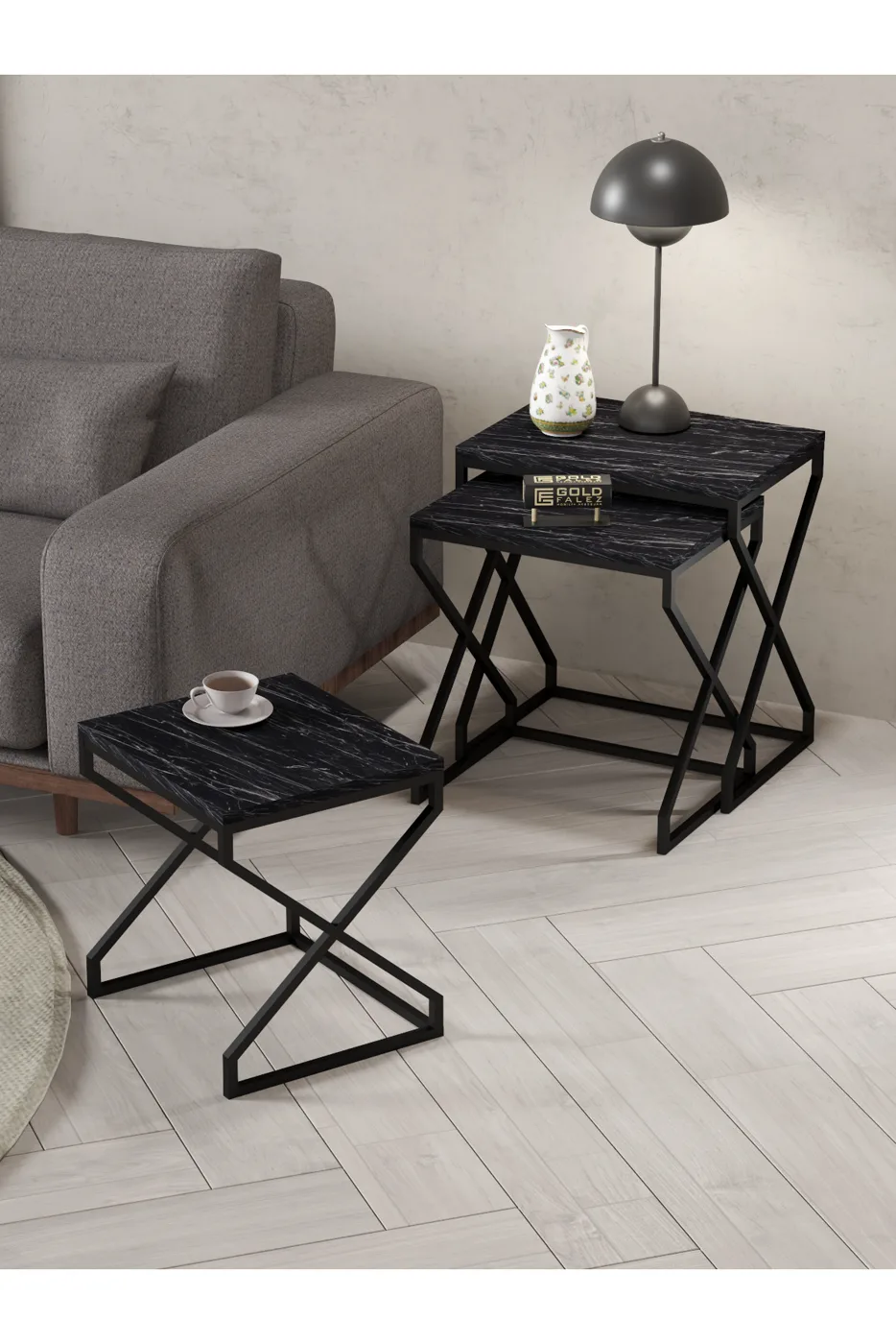3-Piece Square Nesting Table Set V-Shaped Legs - Black