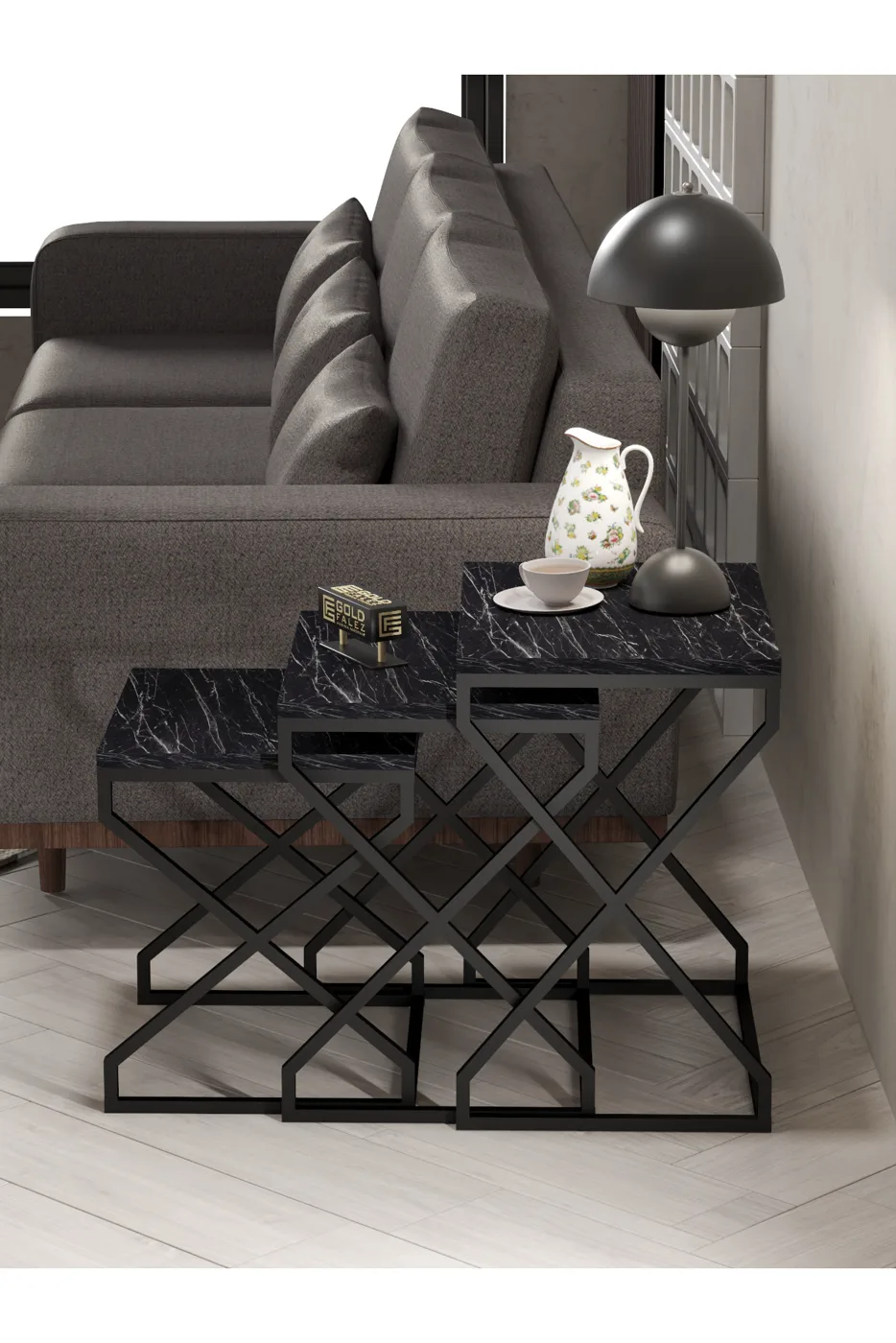 3-Piece Square Nesting Table Set V-Shaped Legs - Black