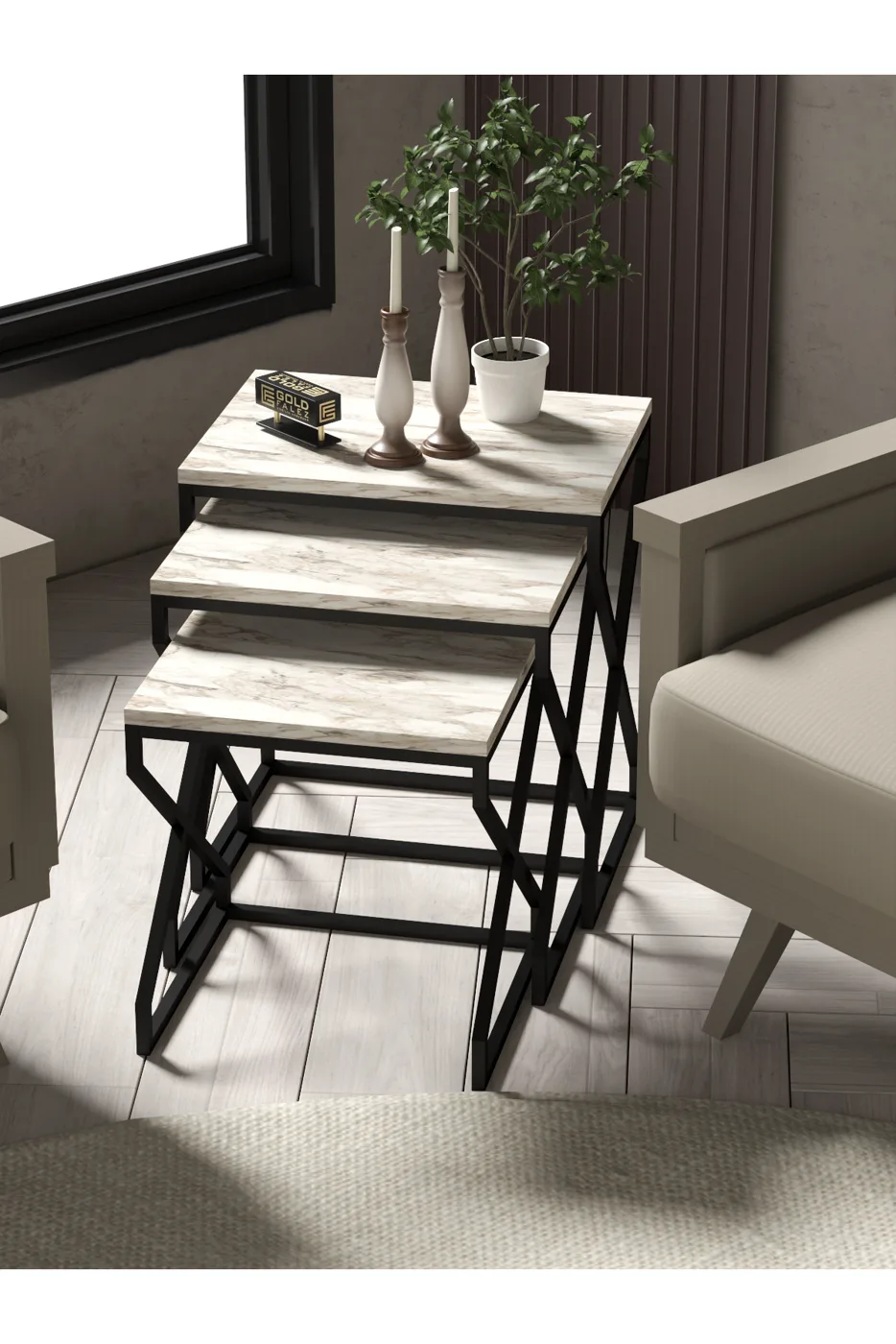 3-Piece Square Nesting Table Set V-Shaped Legs - Ecru