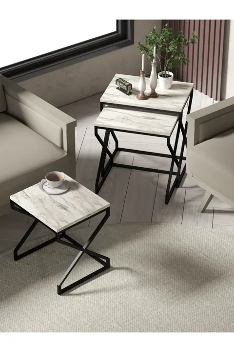 3-Piece Square Nesting Table Set V-Shaped Legs - Ecru